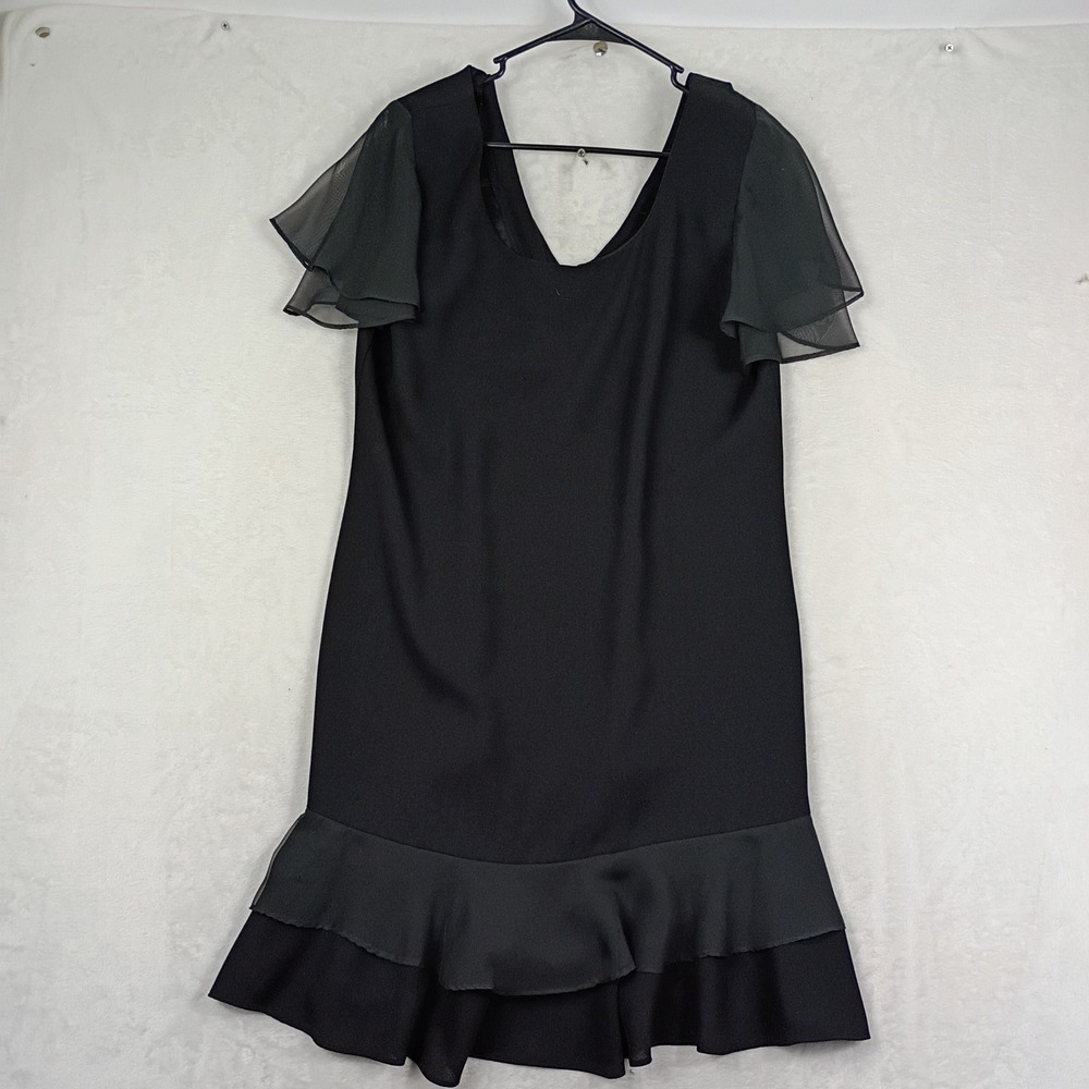 CDC Evening Dress Womens 12 Black Sheer Flutter Sleeve Ruffle Hem V-Neck Party